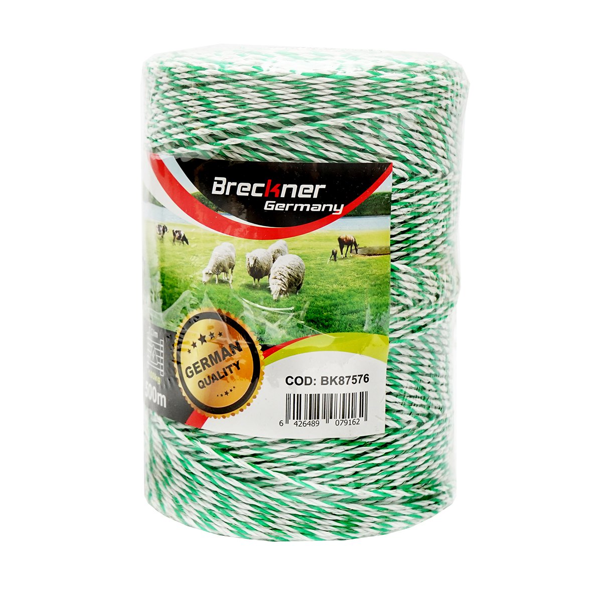 Rola fir alb-verde fi 2.5mm insertie metalica 4x0.2mm SS, rezistenta 7 Ohm/m, 500m gard electric Breckner Germany